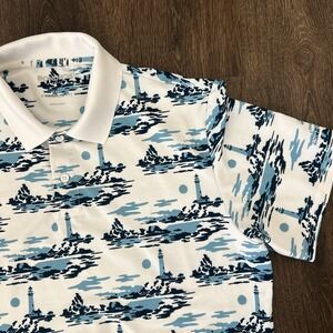 Bonobos Golf Polo Mens Medium Lighthouse Pattern Standard Fit Blue Performance